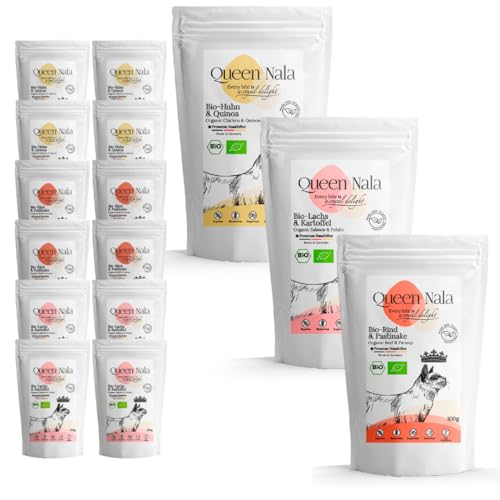 QUEEN NALA - Bio Katzennassfutter - Rind & Pastinake + Huhn & Quinoa + Lachs & Kartoffel: Premium Katzenfutter ohne Zusatzstoffe, getreidefrei und glutenfrei - 12x100g Beutel von Queen Nala