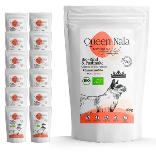 QUEEN NALA - Bio Katzennassfutter - Rind & Pastinake: Premium Katzenfutter ohne Zusatzstoffe, getreidefrei und glutenfrei - 12x100g Beutel von Queen Nala
