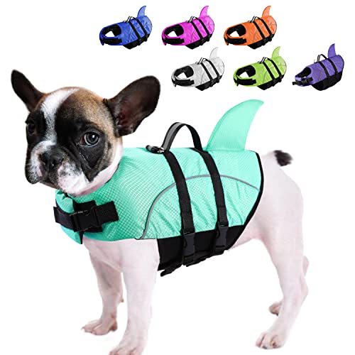 Queenmore Hai-Schwimmweste für kleine Hunde, Hundeschwimmweste zum Schwimmen, Bootfahren, Rettungsweste für Welpen mit hohem Auftrieb, reflektierender Lebensretter für Hunde (Hellblau, L) von Queenmore