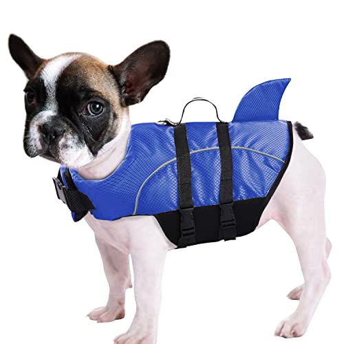 Queenmore Ripstop Hunde-Schwimmweste, Hai-Schwimmweste für Hunde, Sicherheits-Lebensretter mit hohem Auftrieb und Hebegriff für kleine und mittlere Rassen (blau M) von Queenmore