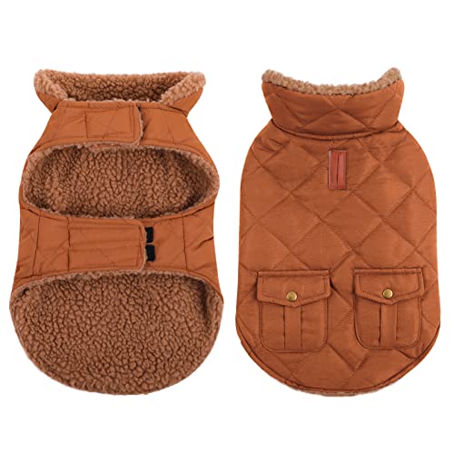 Queenmore Hundemantel für kaltes Wetter, Wintersteppung, Hundejacke, ultrawarm, dickes Plüschfutter mit Aufbewahrungstaschen (Braun, X-Small) von Queenmore