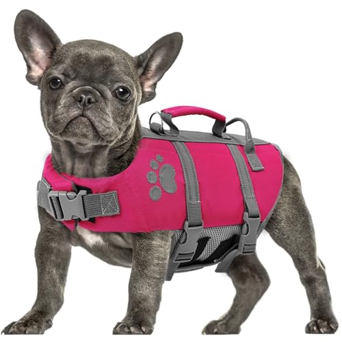 Queenmore Hundeschwimmweste Große Hunde, Ripstop Schwimmweste Hund, Verstellbare Hunde Schwimmwest Mit Griff, Reflektierende Schwimmweste Französische Bulldogge, Kajak Bootfahren, Rosa, L von Queenmore