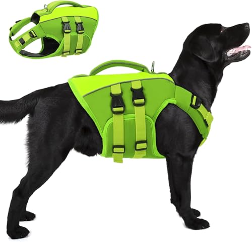 Queenmore Hundeschwimmweste Große Hunde,Verstellbar Schwimmweste Hund, Rettungsweste Mit Griff, Schwimmweste Für Große Hunde Labrador,Bootfahren Surfen kajak, Grün, XXL von Queenmore