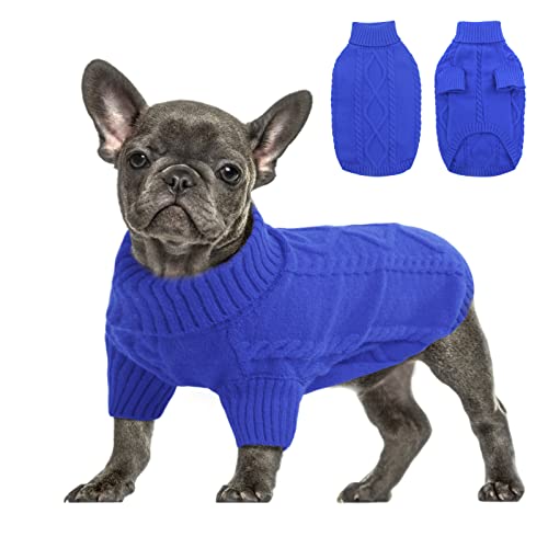 Queenmore Puppy Pullover, Kaltes Wetter Kabel Strickwaren, Klassischer Rollkragenpullover Dicke warme Kleidung für Chihuahua, Bulldogge, Dackel, Mops, Yorkie(Blau, M) von Queenmore