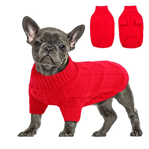 Queenmore Kleiner Hund Pullover Pullover Kaltes Wetter Zopfstrickwaren Klassischer Rollkragen Dicke Warme Kleidung für Chihuahua Bulldogge Dackel Mops (Rot, Klein) von Queenmore