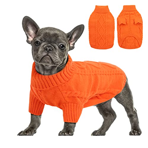 Queenmore Pullover für kleine Hunde, kaltes Wetter, Zopfstrickwaren, klassischer Rollkragen, dicke warme Kleidung für Chihuahua, Bulldogge, Dackel, Mops (Orange, Größe M) von Queenmore