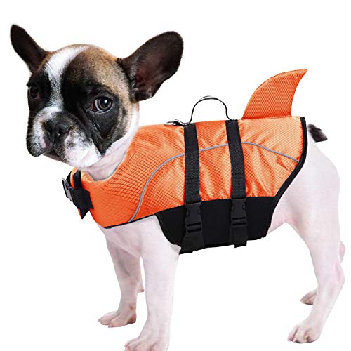 Queenmore Ripstop Hunde-Schwimmweste, Hai-Schwimmweste für Hunde, Sicherheits-Lebensretter mit hohem Auftrieb und Hebegriff für kleine und mittlere Rassen (Orange S) von Queenmore