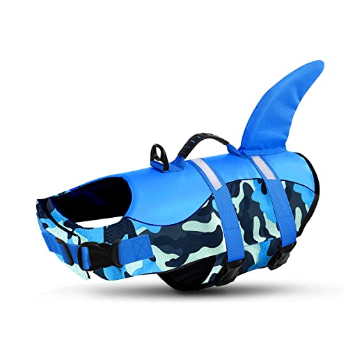 Queenmore Schwimmweste Hund Einstellbare Hunde Schwimmweste, Ripstop Rettungsweste mit hohem Auftrieb und langlebigem Rettungsgriff für Hund für kleine mittlere Hunde, (BlueCamo, M) von Queenmore