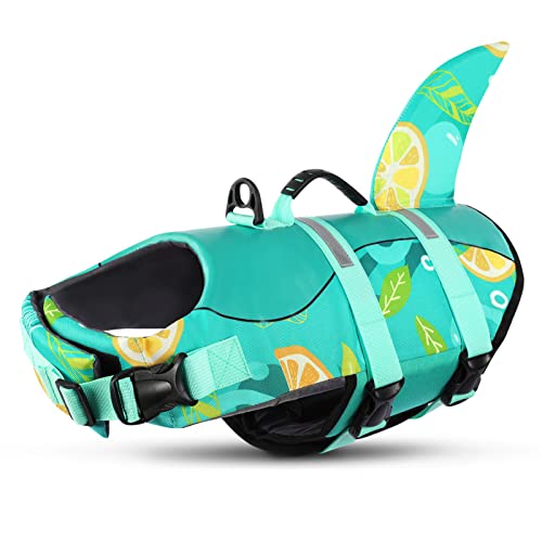 Queenmore Schwimmweste Hund Einstellbare Hunde Schwimmweste, Ripstop Rettungsweste mit hohem Auftrieb und langlebigem Rettungsgriff für Hund für kleine mittlere Hunde, (LemoPrint, M) von Queenmore
