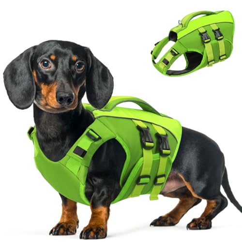 Queenmore Schwimmweste Hund Klein, Ripstop Hunde Schwimmweste, Verstellbar Hundeschwimmweste, Rettungsweste Mit Griff, Schwimmweste Chihuahua,Bootfahren Surfen kajak, Grün, S von Queenmore