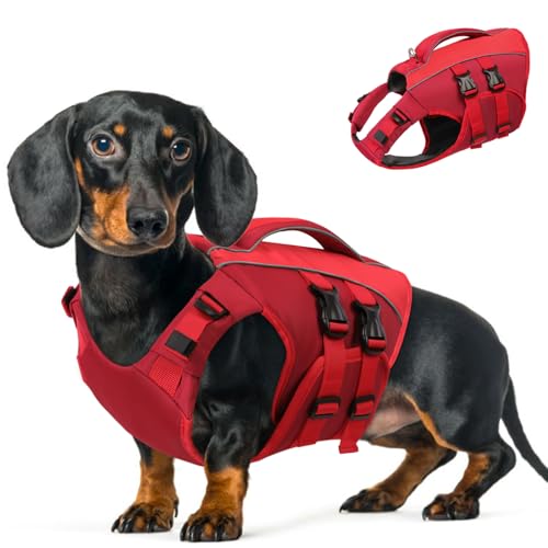 Queenmore Schwimmweste Hund Klein, Ripstop Hunde Schwimmweste, Verstellbar Hundeschwimmweste, Rettungsweste Mit Griff, Schwimmweste Chihuahua,Bootfahren Surfen kajak, Rot, S von Queenmore