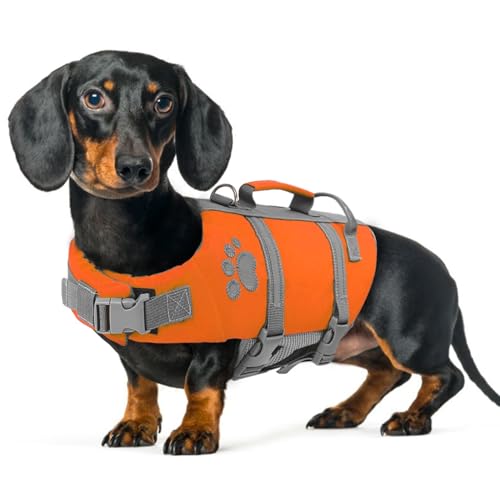 Queenmore Schwimmweste Hund Klein, Verstellbar Rettungsweste, Reflektierende Hunde Schwimmweste Mit Rettungsgriff, Schwimmweste Dackel Französische Bulldogge, Schwimmweste Kajak Surfen, Orange, S von Queenmore