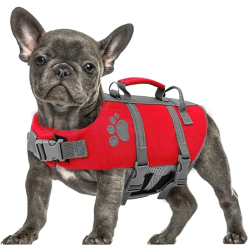 Queenmore Schwimmweste Hund XL, Reflektierende Hundeschwimmweste, Ripstop Rettungsweste Große, Verstellbar Schwimmweste Labrador Mit Rettungsgriff, Life Jacket Schwimmweste Kajak Surfen, Rot, XL von Queenmore