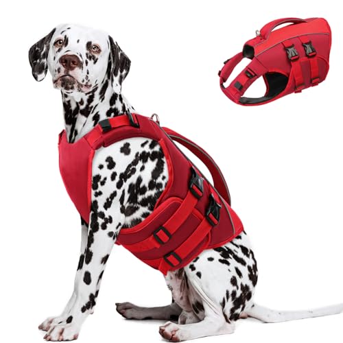 Queenmore Schwimmweste Hund XL, Ripstop Hunde Schwimmweste, Schwimmweste Labrador, Hundeschwimmweste Große Hunderettungsweste Mit Griff,Bootfahren Surfen, Rot, XL von Queenmore