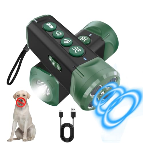Quenxiyu 6-in-1 Anti-Bell-Gerät für Hunde, Trainings-Bellhalsbänder, wiederaufladbarer 15,2 m langer Schalldämpfer mit 4 Ultraschall-Emissionsanschlüssen und Taschenlampe (grün) von Quenxiyu