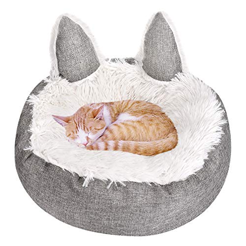 Queta Haustierbett für Katzen und Hunde, Rundes Plüsch Weich Hundebett, Schöne Katzenbett in Katzenohren-Form(45cm) (grau) von Queta