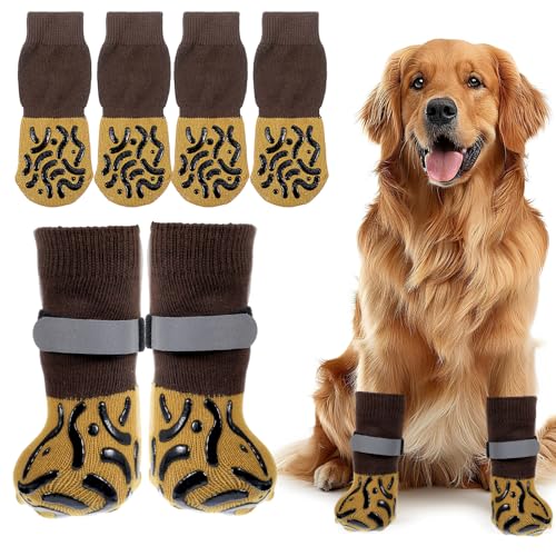 4 x Hundesocken, um das Lecken von Pfoten zu verhindern, Hundeschuhe für heißen Gehweg, doppelseitig, rutschfest, für Hartholzböden, Karamell (L) von Quilax