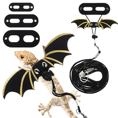 Bartagamen-Leinen- und Geschirr-Set, verstellbares Bartagagengeschirr in 3 Größen (S, M, L), weiche Eidechsenleine mit goldfarbenem schwarzem Flügel, für Bartagamen, Eidechsen, Reptilien von Quilax