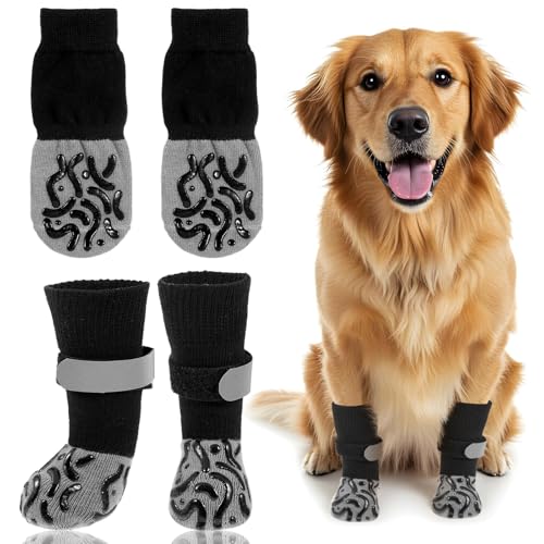Hundeschuhe mit Pfotenschutz, Hundesocken gegen Lecken, Hundeschuhe mit Greifern für heiße/kalte Gehwege, Hundeschuhe für Hartholzböden, rutschfest, Grau, Größe L, 4 Stück Hundeschuhe mit Pfotenschutz, Hundesocken gegen Lecken, Hundeschuhe mit Greifern für heiße/kalte Gehwege, Hundeschuhe für Hartholzböden, rutschfest, Grau, Größe L, 4 Stück von Quilax