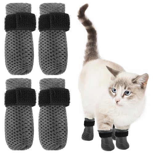 Quilax 4 Stück Verstellbare Katzenschuhe aus Netzstoff,Anti Kratz Katzen Socken,Atmungsaktiv Katzenpfotenschutz,Krallenschutz Katze,für Schneiden von Nägeln Haustier Baden(Größe M) von Quilax