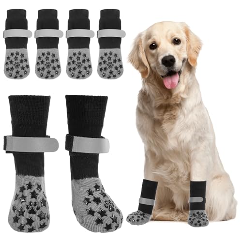 Rutschfeste Hundesocken, um das Lecken der Pfoten zu verhindern, graue Hundepfotenschutzsocken mit reflektierenden Streifen, elastische Hundeschuhe für Hartholzböden, griffige Socken für mittelgroße von Quilax
