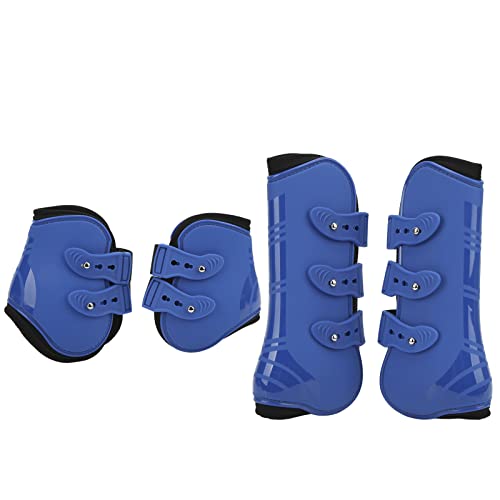 Qukaim 2 Stück Pferde-Vorderbeinschutz, PU-Neopren-Schutzstiefel zum Reiten und Springen, Größe M, braun, schlagfest, inklusive 4 Stück Hinterstiefel, blau, für High-Speed-Sport von Qukaim