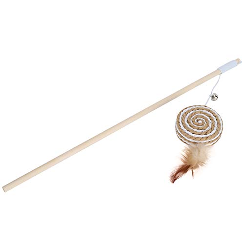 Qukaim Funny Cat Stick Funny Cat Stick Zauberstab, interaktives Haustier Teaser Spielzeug mit rundem Kuchen Crisp Bell und Feder, Holzdesign für Katzen, 38 cm lang von Qukaim