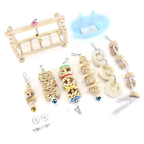 Qukaim Kleines Haustier-Spielzeug-Set, 7-teiliges Set, Vogel-Badewannenspielzeug, hängende Papageien-Kletterleiter, Beißspielzeug für kleine Tiere, Intelligenz-Trainingszubehör, geeignet für Vögel und von Qukaim