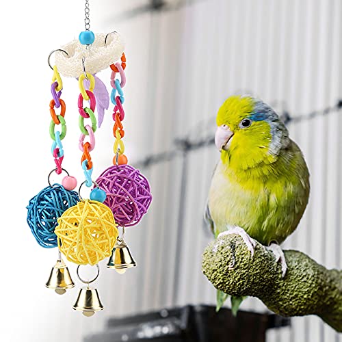 Qukaim Papagei Kauspielzeug Bunte Papagei Rattan Ball Schaukel, Kauspielzeug Set mit Glockenklang, interaktives Vogelspielspielzeug für Papageien und kleine Vögel, 25 cm lang von Qukaim