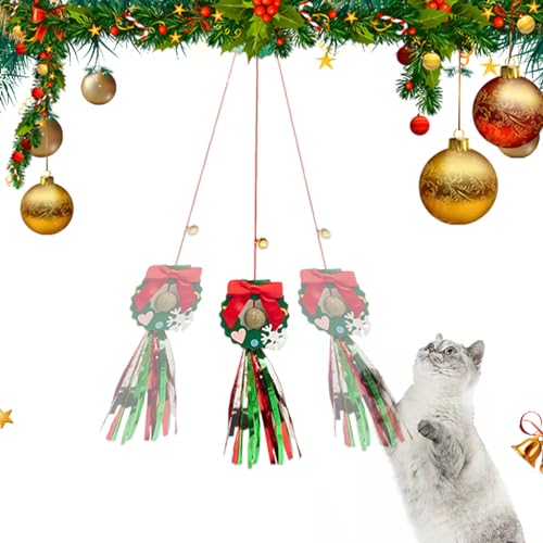 Weihnachts-Hängetür-Kätzchenspielzeug, Einziehbares Katzenspielzeug zum Aufhängen an der Tür für den Innenbereich mit Katzenminze, Weihnachts-Rentier/Kranz, interaktives Qumiuu von Qumiuu