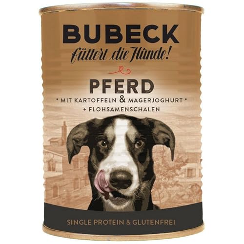 Bubeck Pferdefleisch | 6 x 400 g | Nassfutter für adulte Hunde | Pferdefleisch mit Kartoffeln und Magerjoghurt | Verfeinert mit Sonnenblumenöl und wertvollen Flohsamenschalen von R. Bubeck & Sohn GmbH