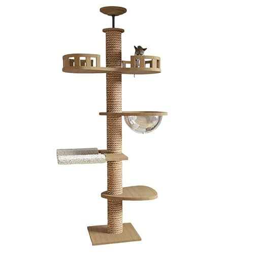 Kratzbaum XXL Groß 250cm Hoch aus Holz Natur Deckenhöhe Katzenbaum mit Großen Liegeflächen dicken Sisal Stämmen Stabil Modern für Schwere Katzen von RAIKOU