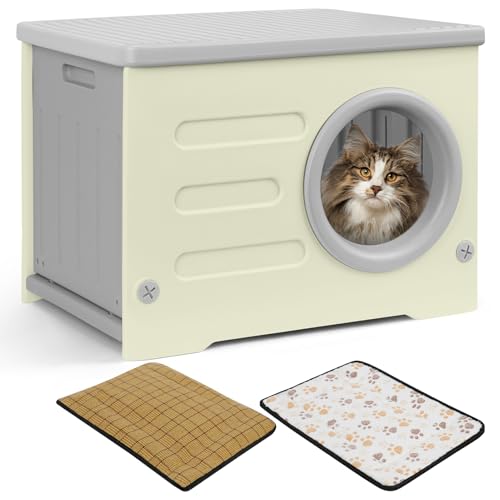 Kunststoff-Katzenhaus für Den Innen- und Außenbereich Wetterfester Unterstand Erhöhtes Design mit Doppelseitigen Matten Katzenhaus für Alle Jahreszeiten (Grau, 54 * 41 * 38) von RAIN QUEEN
