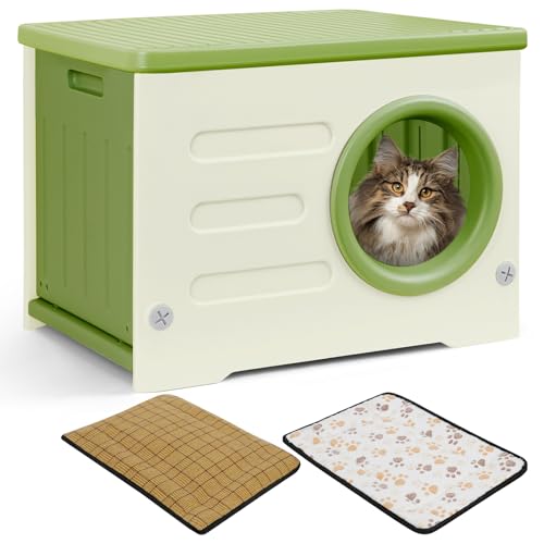 Kunststoff-Katzenhaus für Den Innen- und Außenbereich Wetterfester Unterstand Erhöhtes Design mit Doppelseitigen Matten Katzenhaus für Alle Jahreszeiten (Grün, 54 * 41 * 38) von RAIN QUEEN