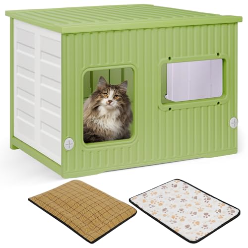 Kunststoff-Katzenhaus für den Innen- und Außenbereich Wetterfester Unterschlupf Erhöhtes Design mit doppelseitigen Matten Katzenhaus für alle Jahreszeiten (Grün) von RAIN QUEEN