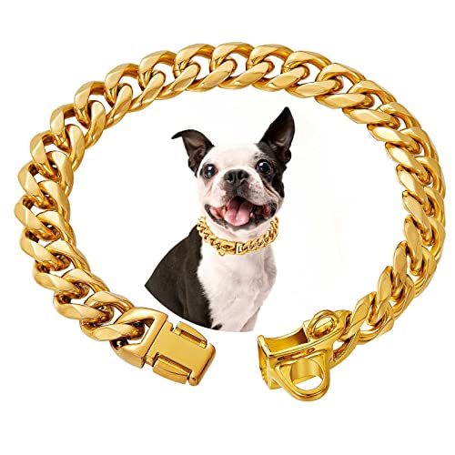 Hundehalsband aus Edelstahl mit Sicherheitsschnallenschloss, 18 K kubanische Gliederkette, Trainingshalsband, 15 mm stark, robust, kaufest, für kleine, mittelgroße und große Hunde Hundehalsband aus Edelstahl mit Sicherheitsschnallenschloss, 18 K kubanische Gliederkette, Trainingshalsband, 15 mm stark, robust, kaufest, für kleine, mittelgroße und große Hunde von RAIWAV