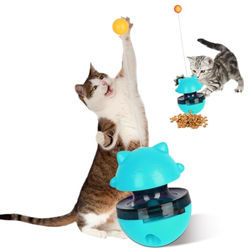 RANJIMA Interaktives Katzen Spielzeug, Katzenspielzeug für Hauskatzen, 3 in 1 Federspielzeug Katze Katzenfutterspender Spielzeug, Futterspender, Katzenspielzeug mit Spielzeug Futterautomat (Blau) von RANJIMA