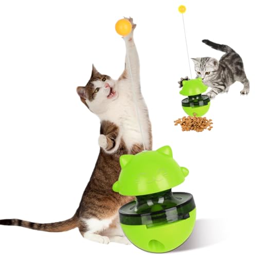 RANJIMA Interaktives Katzen Spielzeug, Katzenspielzeug für Hauskatzen, 3 in 1 Federspielzeug Katze Katzenfutterspender Spielzeug, Futterspender, Katzenspielzeug mit Spielzeug Futterautomat (Grün) von RANJIMA