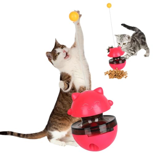 RANJIMA Interaktives Katzen Spielzeug, Katzenspielzeug für Hauskatzen, 3 in 1 Federspielzeug Katze Katzenfutterspender Spielzeug, Futterspender, Katzenspielzeug mit Spielzeug Futterautomat (Rot) von RANJIMA