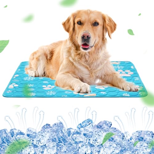 RANJIMA Kühlmatte für Hunde Groß, Selbstkühlend Hundematte 100 * 70cm Kühldecke für Hunde, Ungiftig Waschbar Hund Kühlkissen Hundekühlmatte XL für Drinnen, Draußen und Auto, Blau-02 von RANJIMA