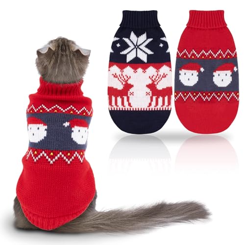 RANYPET 2 Stück Katzenpullover Weihnachten Welpen Gestrickter Pullover, Weihnachten Muster Strickwaren warme Haustier Pullover für Kätzchen und kleine Hunde XS von RANYPET