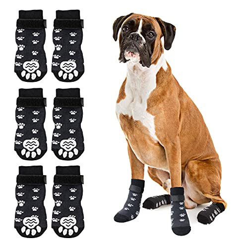RANYPET 3 Paar Indoor Anti-Rutsch Socken für Hunde - Weicher Verstellbarer Pfotenschutz für Alter Hund mit Riemen Traktionskontrolle für den Innenbereich auf Hartholzböden L von RANYPET