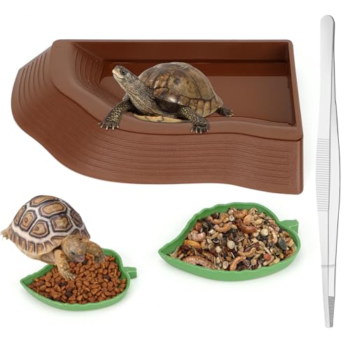 RANYPET 4 in 1 SchildkröTen Wasserschale Set, SchildkröTen Terrarium Zubehör mit 2 Blattförmige Futterschale für Reptilien, Wasserschale mit Rampe und Metallpinzette,Terrarium zubehör von RANYPET