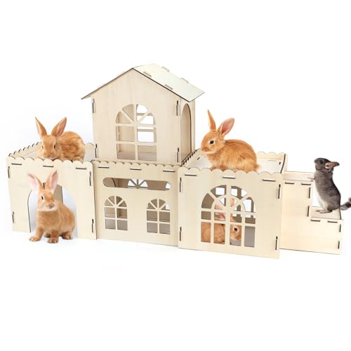 RANYPET Extra großes Kaninchenschloss aus Holz, großes Kaninchenhaus und Versteck für Indoor-Hasen, Klettern, abnehmbares Kleintierversteck Spielhaus, stabiles Hasenhaus für Meerschweinchen von RANYPET