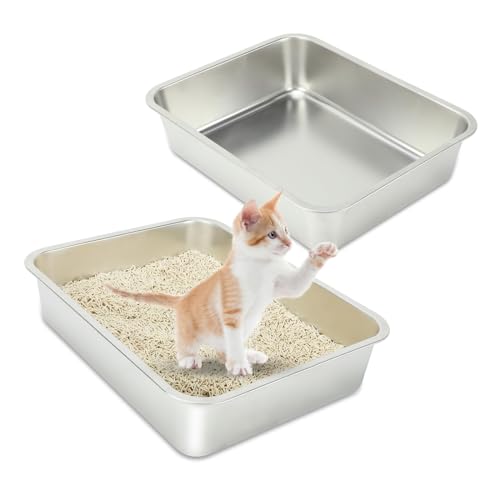 RANYPET Große Katzentoilette Edelstahl 2 Stück, katzenklo Metall klo fur Katzen und Kaninchen, Leicht zu reinigen Niemals Gerüche, Fleckfrei, Rostfrei, Anti-Rutsch Gummiboden,robuste(45×35×10cm) von RANYPET