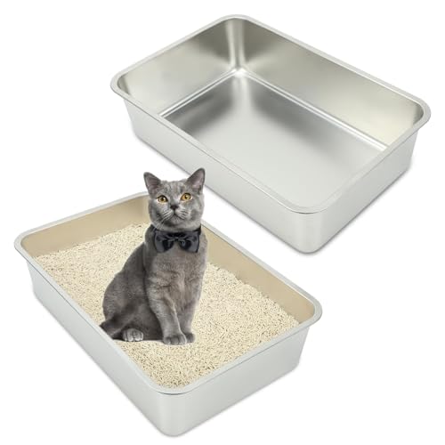 RANYPET Große Katzentoilette Edelstahl 2 Stück, katzenklo Metall klo fur Katzen und Kaninchen, Leicht zu reinigen Niemals Gerüche, Fleckfrei, Rostfrei, Anti-Rutsch Gummiboden,robuste(60×40×15cm) von RANYPET