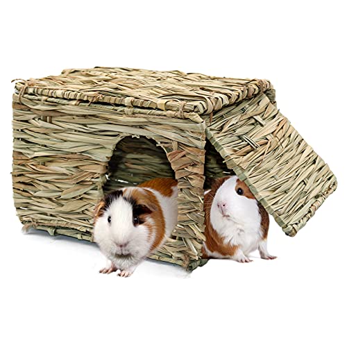 RANYPET Großes Grashaus für Meerschweinchen, handgewebte Strohhütte, faltbar, für kleine Tiere, Spielhaus mit doppelten Öffnungen, Spielhaus für Kaninchen, Meerschweinchen, Chinchilla, Frettchen von RANYPET