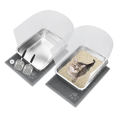 RANYPET Katzentoiletten-Set aus Edelstahl, Katzentoilette mit Spritzschutzpfanne, Urinierschild, Katzenstreuschaufel und Katzentoilettenmatten, leicht zu reinigen und zu installieren, rostfrei, von RANYPET