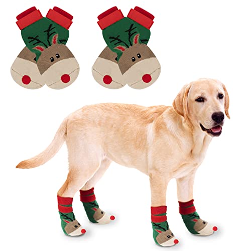 RANYPET Weihnachts-Hundesocken, 2 Paar, rutschfeste Hunde-Socken mit verstellbaren Riemen, Traktionskontrolle für Hartholzböden, Haustierpfotenschutz für kleine, mittelgroße und große Hunde, L von RANYPET