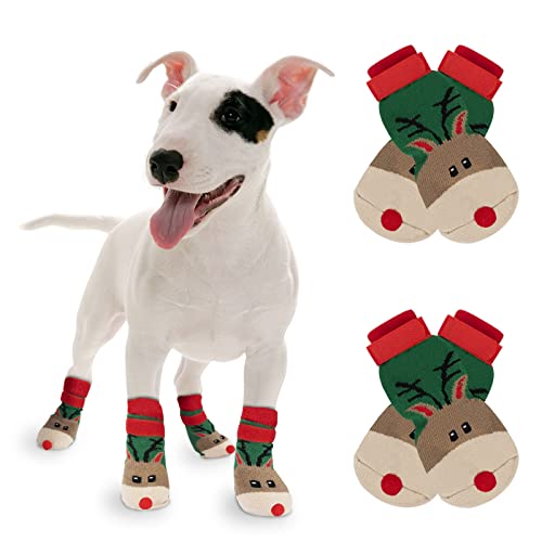 RANYPET Weihnachtssocken für Hunde 2 Paar – Indoor Anti-Rutsch Socken Weicher Verstellbarer Pfotenschutz für Alter Hund mit Riemen Traktionskontrolle für den Innenbereich auf Hartholzböden M von RANYPET